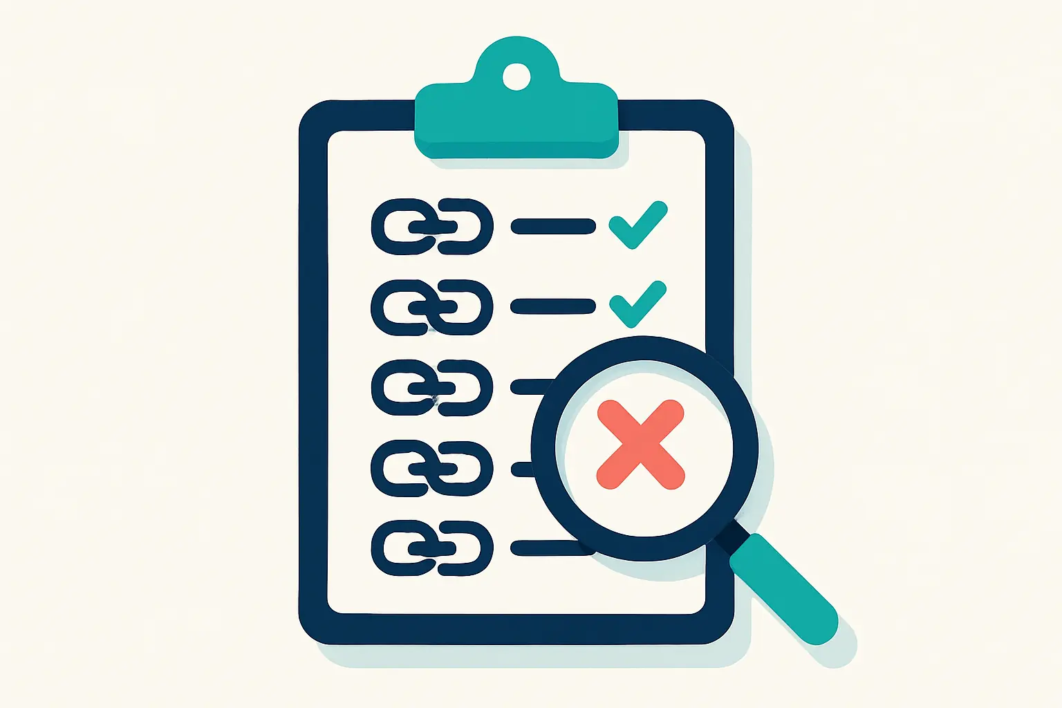 Illustration of a checklist with link items being ticked off and a magnifying glass, representing a backlink audit checklist.
