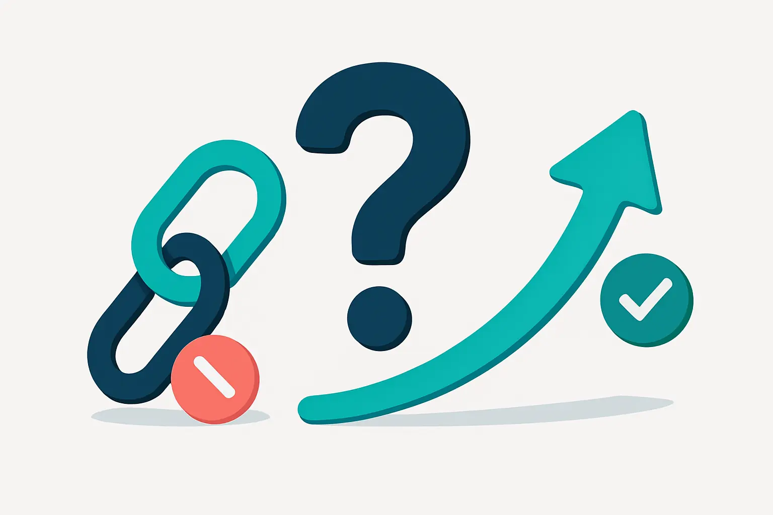 Illustration of a nofollow link beside a question mark and an SEO growth arrow, representing whether nofollow links help SEO.