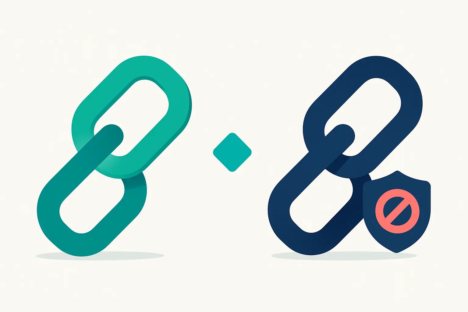 Illustration comparing a dofollow link chain with a nofollow link chain, representing dofollow versus nofollow links.
