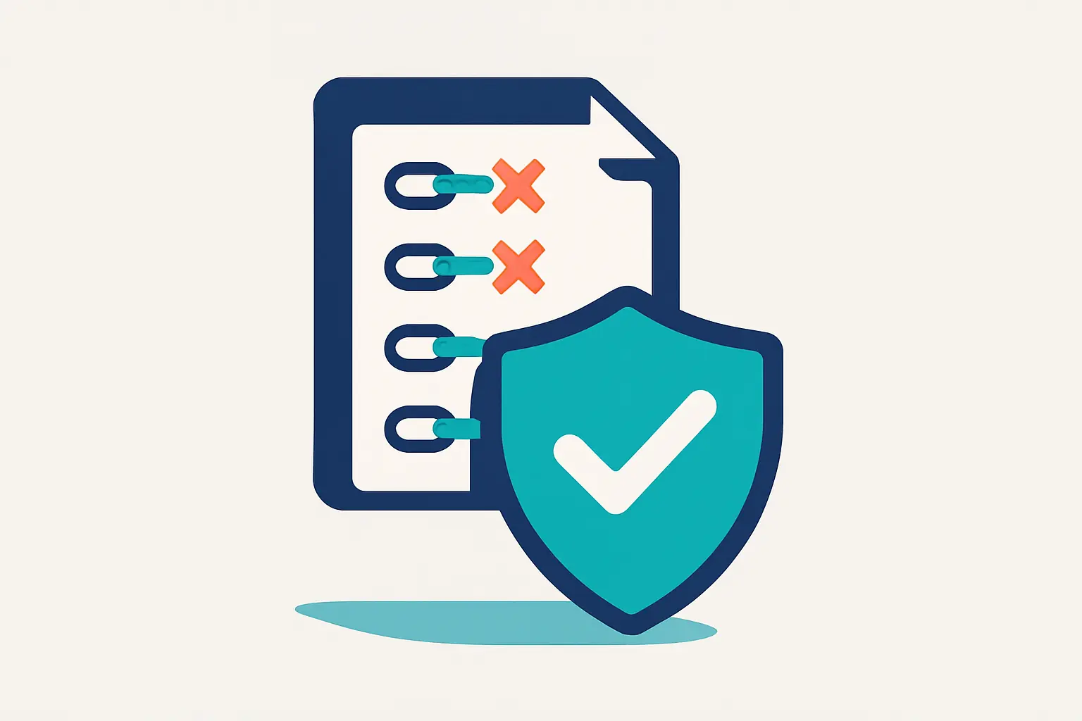 Illustration of a file of crossed-out toxic links submitted behind a shield, representing a Google disavow file.