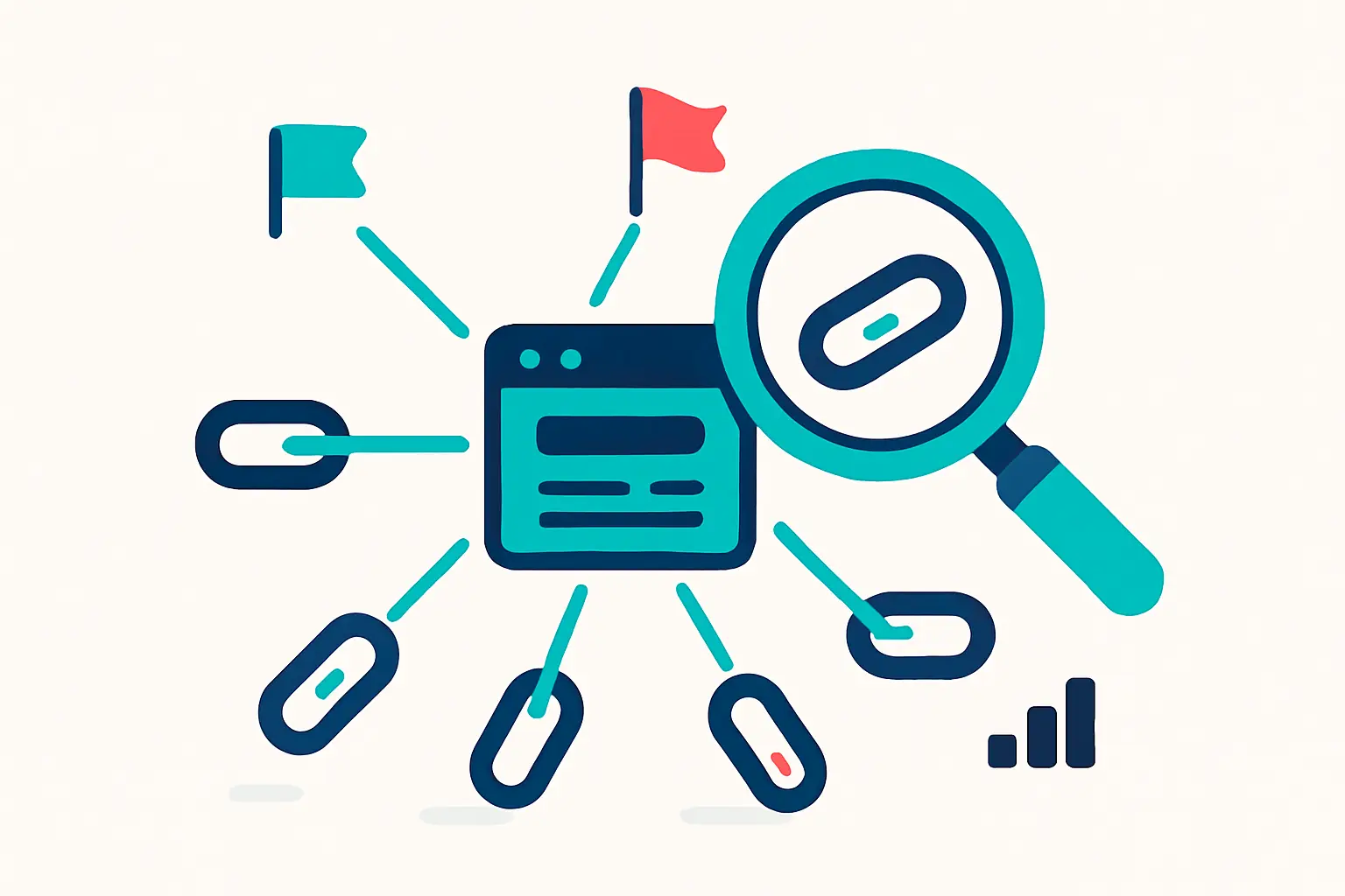 Illustration of a magnifying glass inspecting a network of backlinks with quality flags, representing how to do a backlink audit.