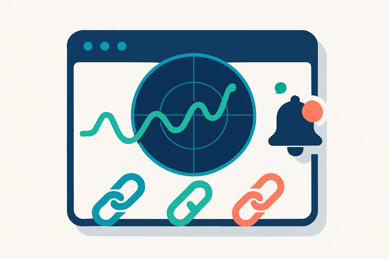 Illustration of a monitoring dashboard watching backlinks with an alert bell, representing SEO link monitoring.